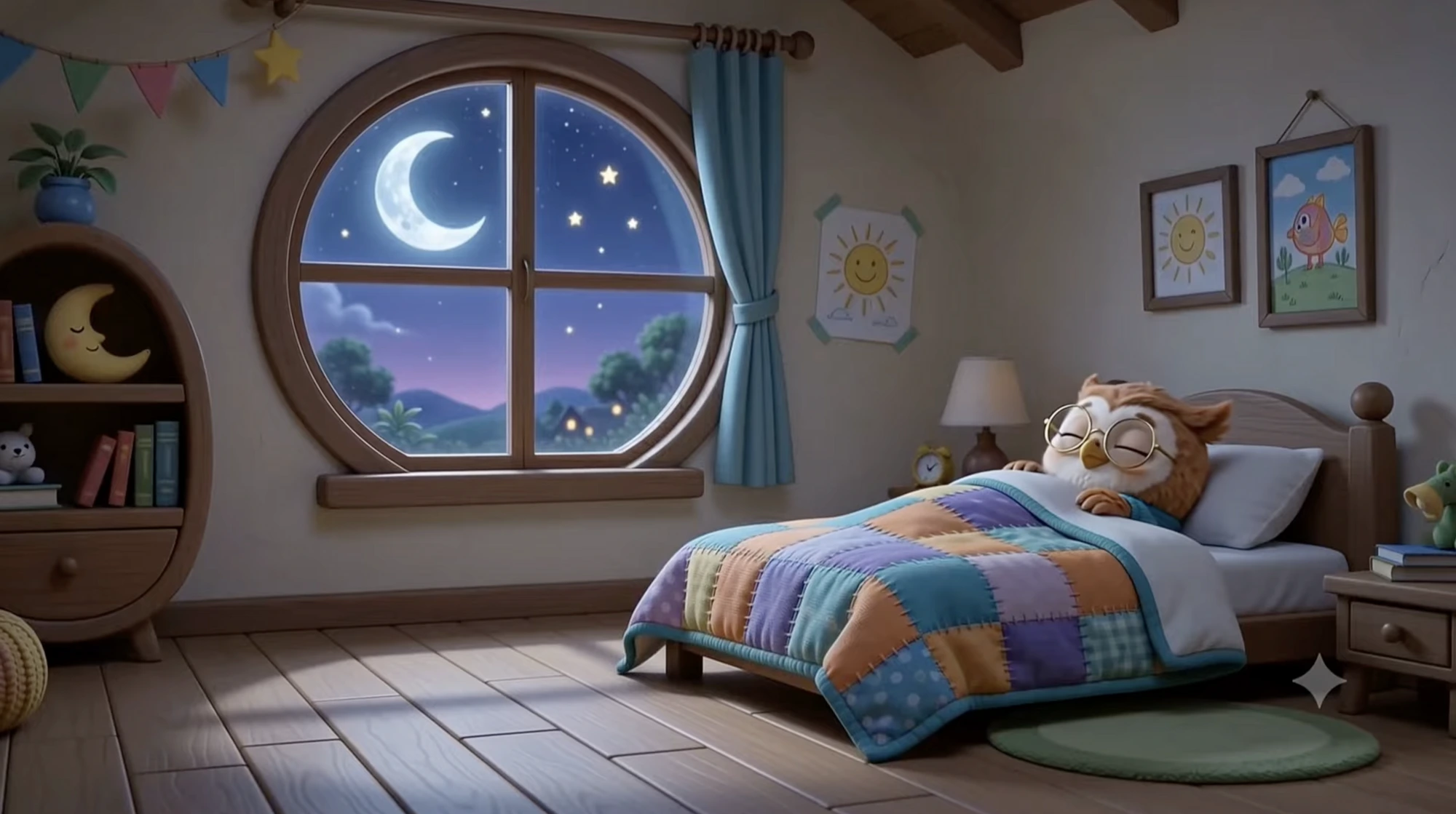 Munch fast asleep under the crescent moon
