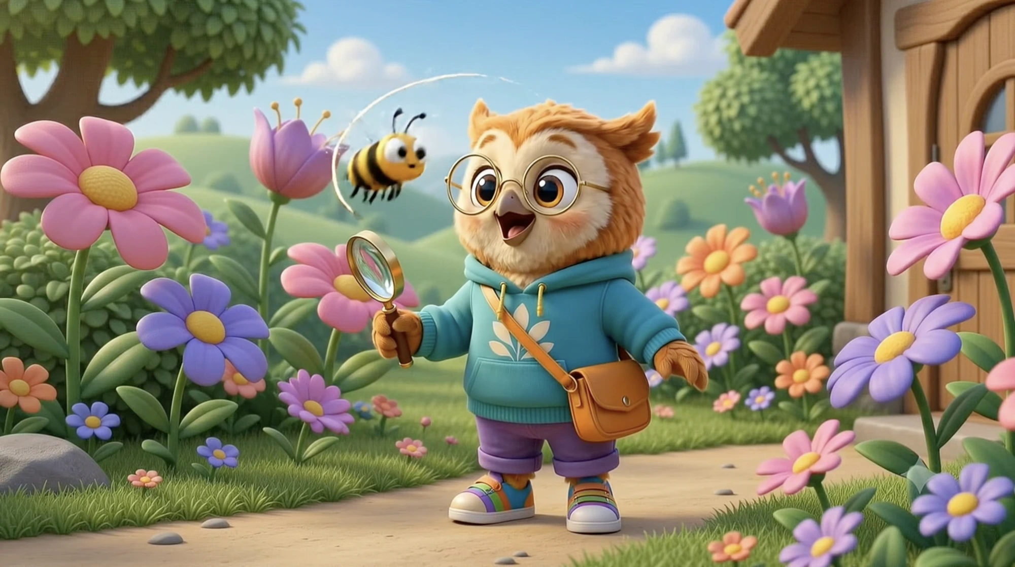 Munch discovers a busy bee in the garden