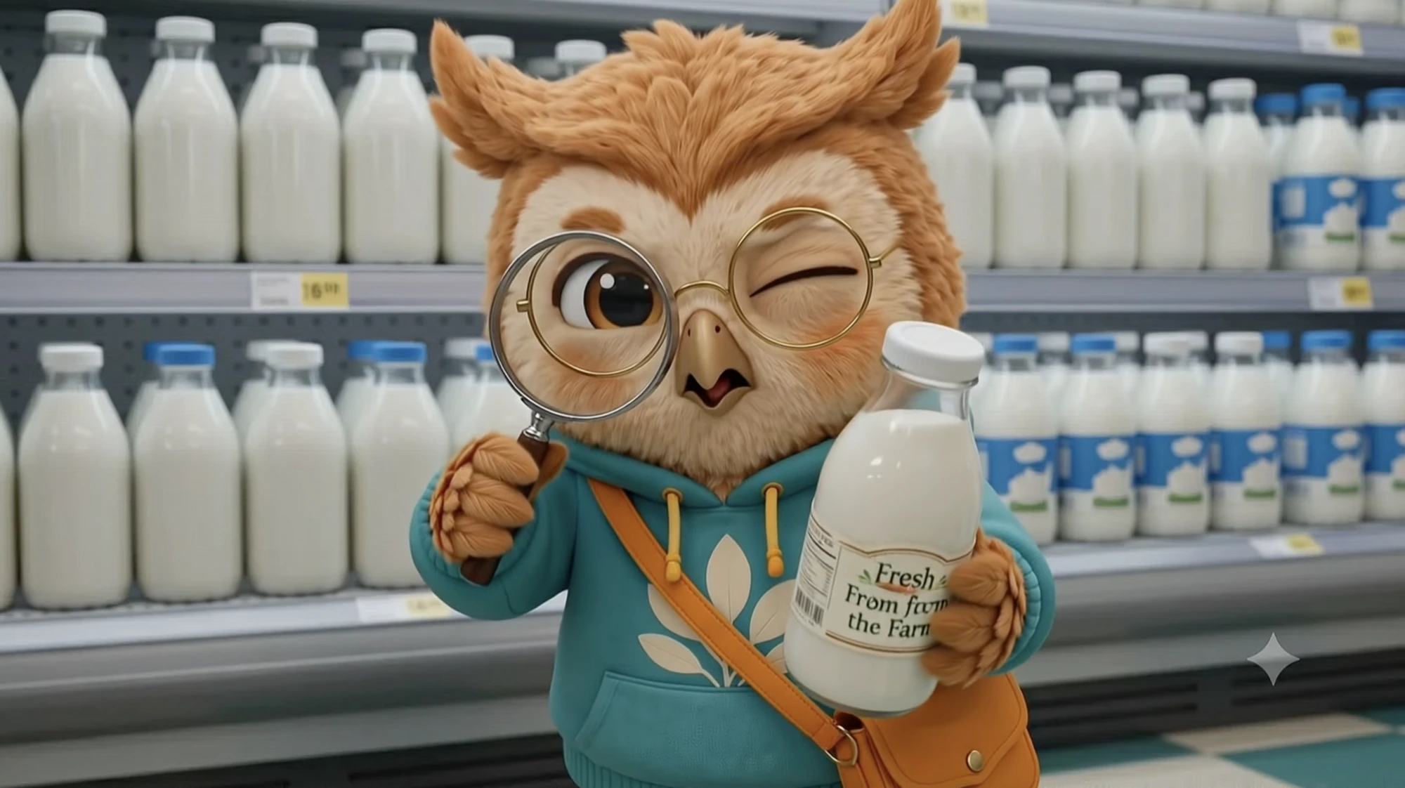 Munch investigates fresh milk at the shop