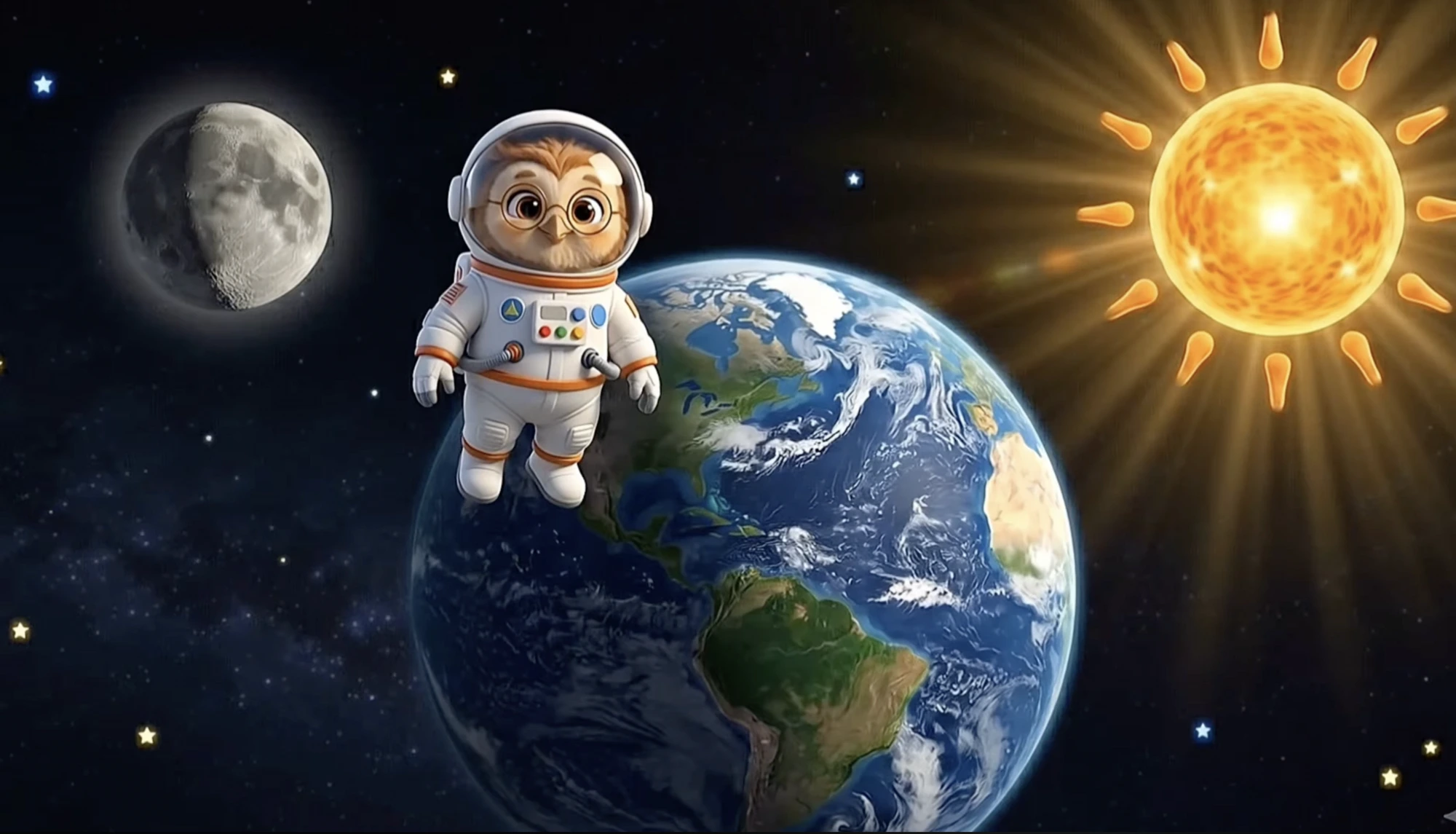 Munch floats in space between the Sun and Moon