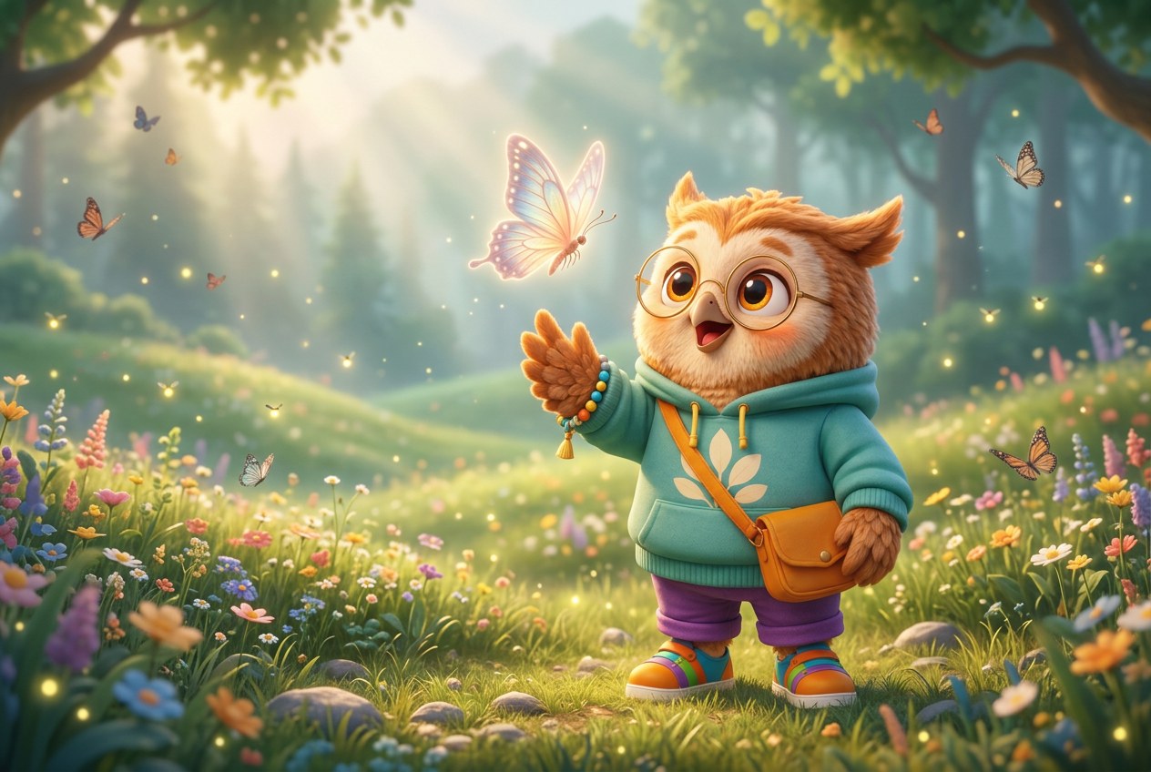 Munch the curious little owl in a golden meadow
